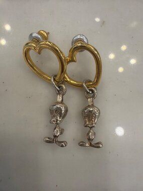 Tweety Bird Looney Tunes Gold & Silver Heart Earrings Dangle Style Cartoon Chara